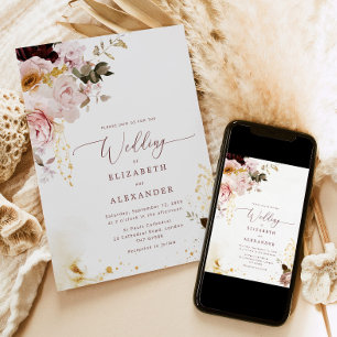 Burgundy gold fall elegant wedding invitation