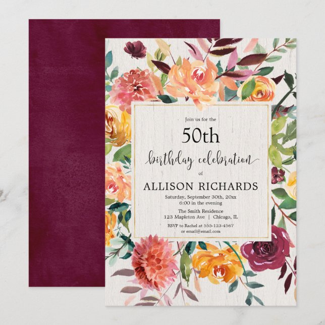 Burgundy gold fall floral adult birthday party invitation (Front/Back)