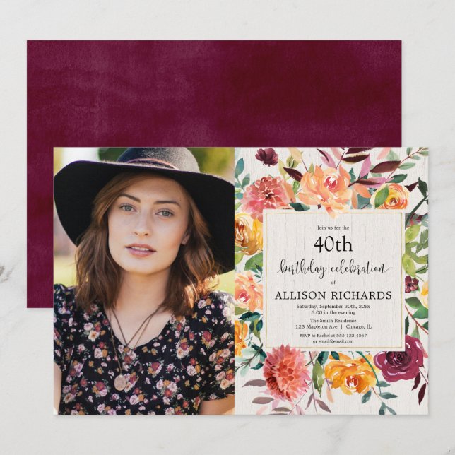 Burgundy gold fall floral adult birthday photo invitation (Front/Back)