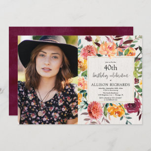Burgundy gold fall floral adult birthday photo invitation