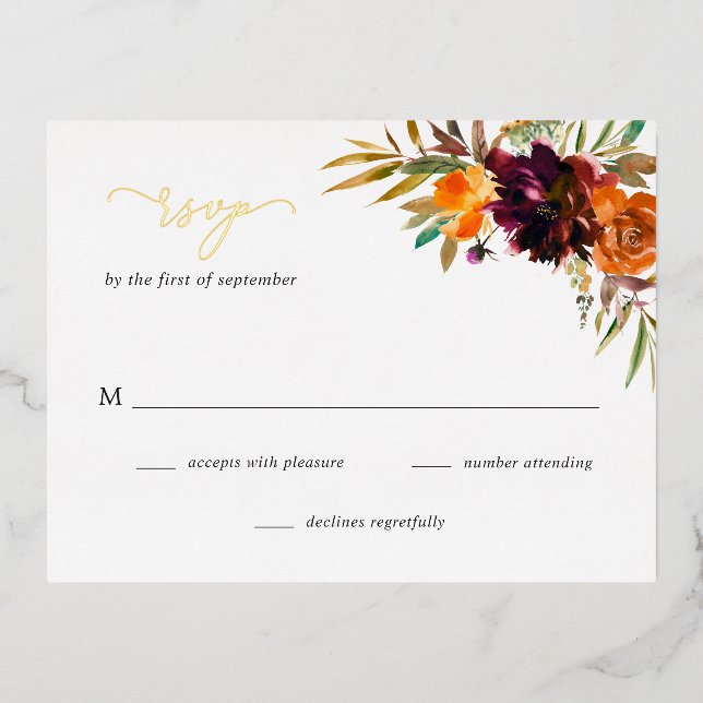 Burgundy Gold Fall Floral Rustic Wedding RSVP Card (Front)