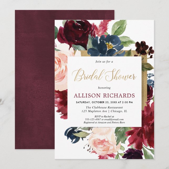 Burgundy gold fall floral watercolor bridal shower invitation (Front/Back)