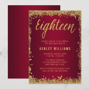 Burgundy Gold Faux Glitter 18th Birthday Invitation