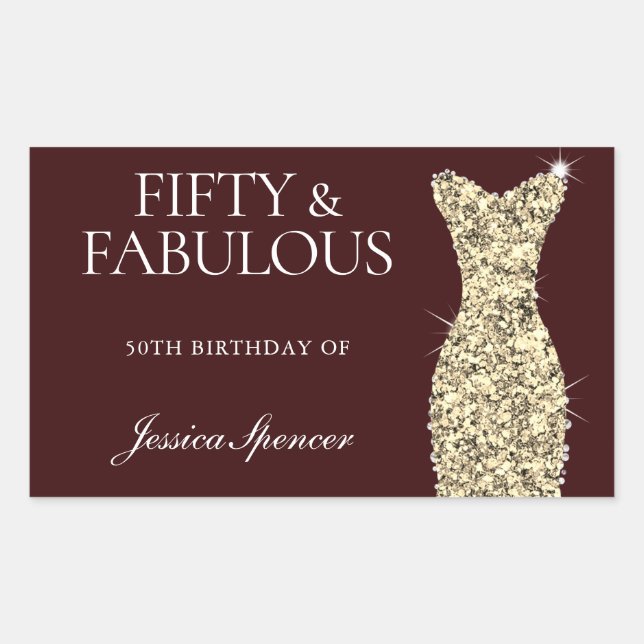 Burgundy Gold Fifty & Fabulous 50th Birthday Party Rectangular Sticker (Front)