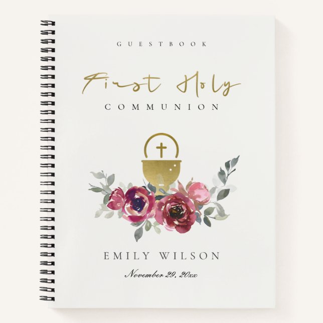 BURGUNDY GOLD FLORA FIRST HOLY COMMUNION GUESTBOOK NOTEBOOK (Front)
