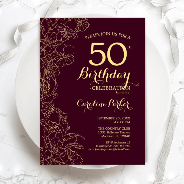 Burgundy Gold Floral 50th Birthday Party Invitation (Creator Uploaded)