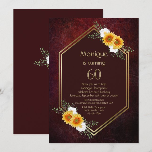 Burgundy Gold Floral 60th Birthday Party Invitation (Front/Back)