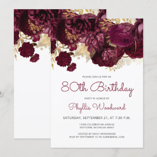 Burgundy Gold Floral 80th Birthday Party Invitation