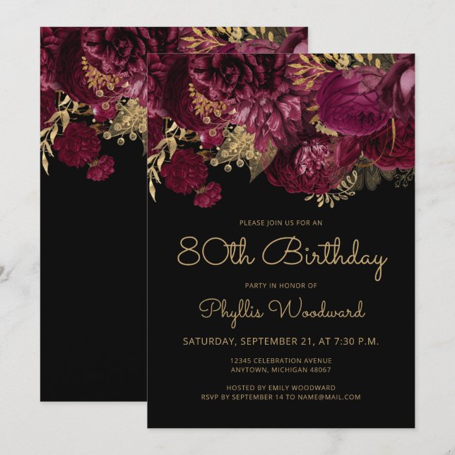 Burgundy Gold Floral 80th Birthday Party Invitation (Front/Back)