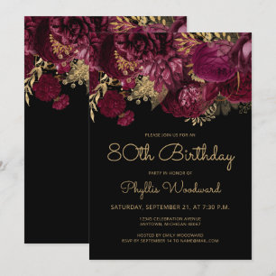 Burgundy Gold Floral 80th Birthday Party Invitation