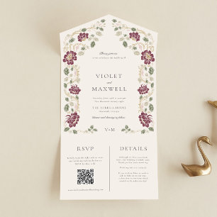 Burgundy Gold Floral All in One Wedding Invitation