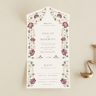Burgundy Gold Floral All in One Wedding Invitation