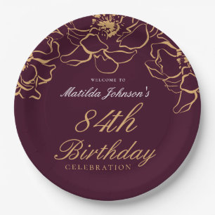 Burgundy Gold Floral Any Age Birthday Party Paper Plate