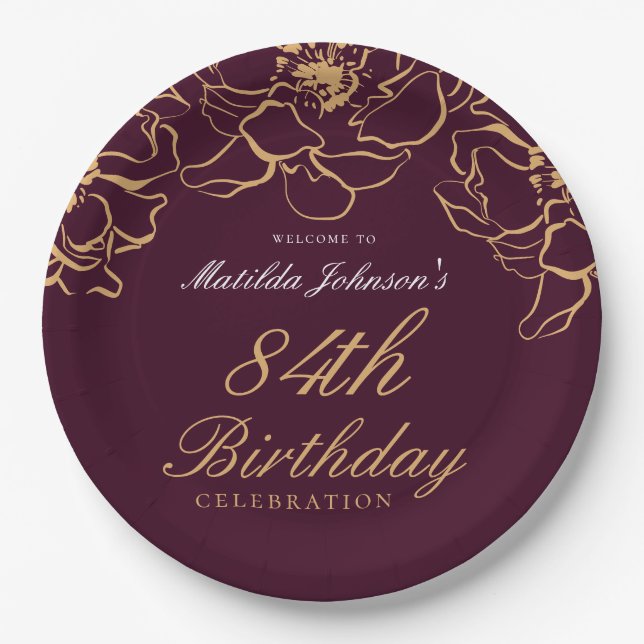 Burgundy Gold Floral Any Age Birthday Party Paper Plate (Front)