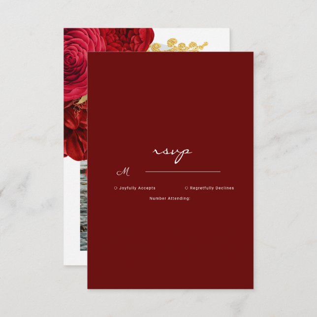 Burgundy Gold Floral Arch Photo Wedding RSVP Card (Front/Back)
