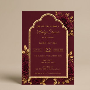 Burgundy & Gold Floral Baby Shower Invitation