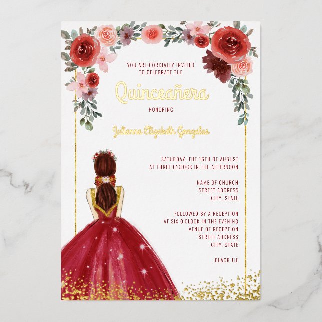 Burgundy Gold Floral Ball Gown 15th Quinceanera (Front)