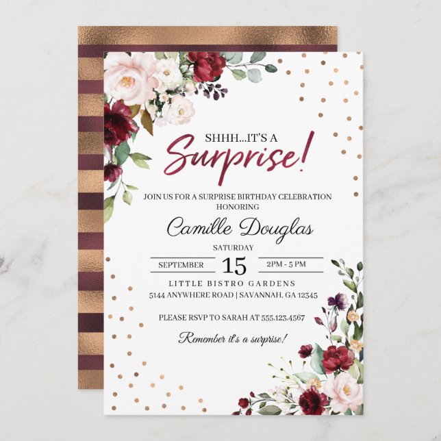 Burgundy Gold Floral Birthday Invitation (Front/Back)