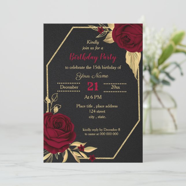 burgundy gold floral black birthday party invitation (Standing Front)