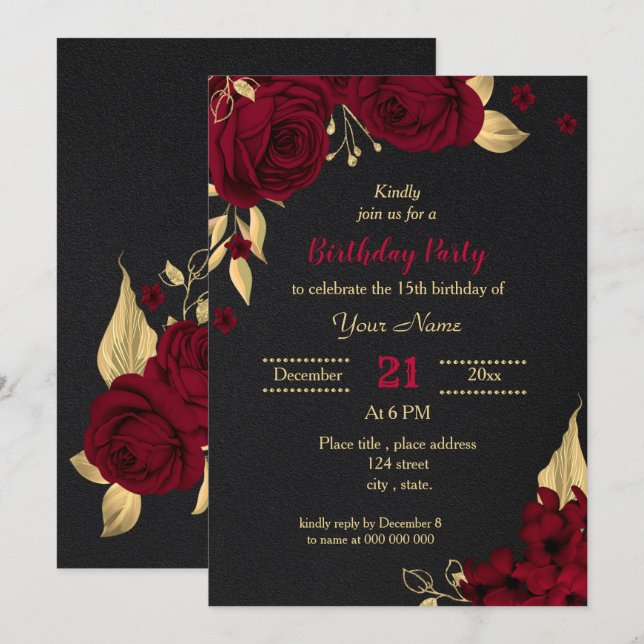 burgundy gold floral black birthday party invitation (Front/Back)
