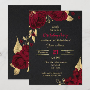 burgundy gold floral black birthday party invitation