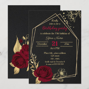 burgundy gold floral black birthday party invitation