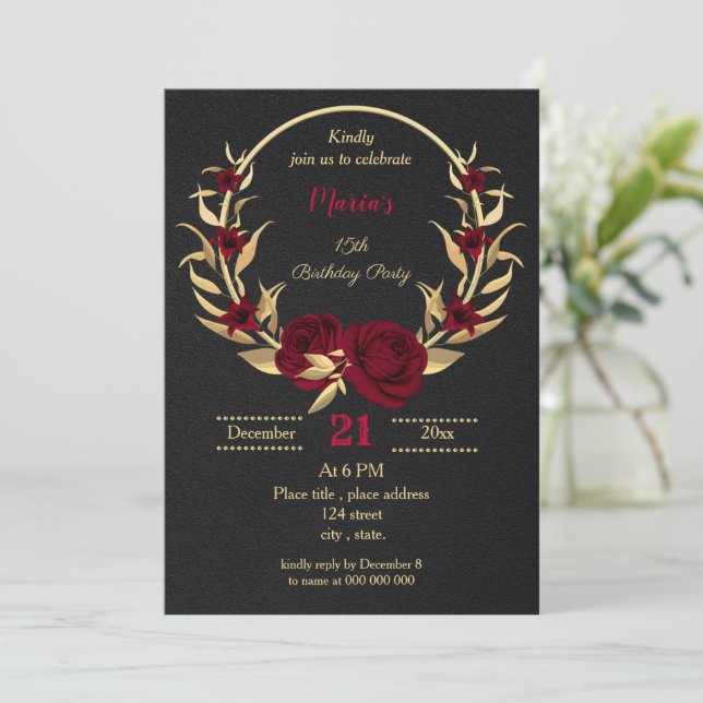 burgundy gold floral black birthday Party Invitation (Standing Front)