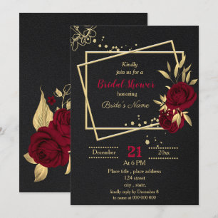 burgundy gold floral black bridal shower invitation
