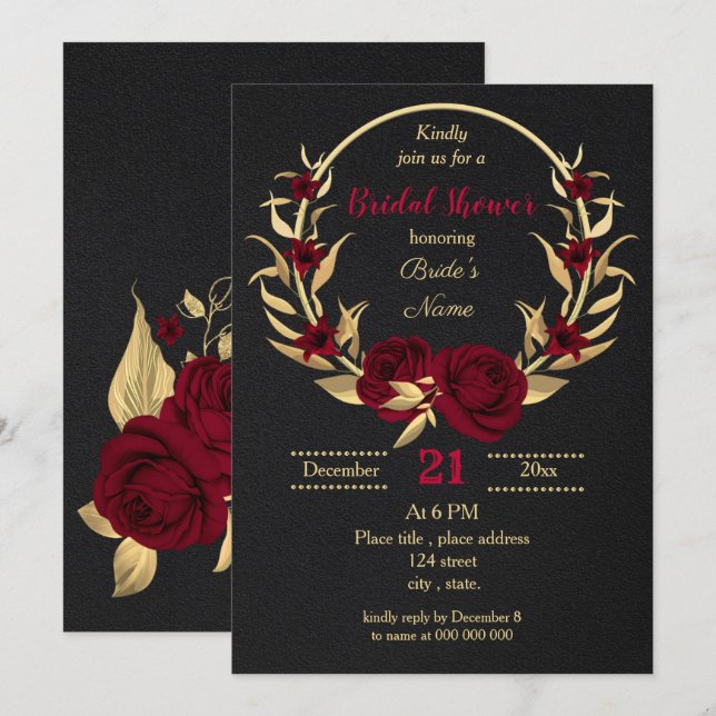 burgundy gold floral black bridal shower invitation (Front/Back)