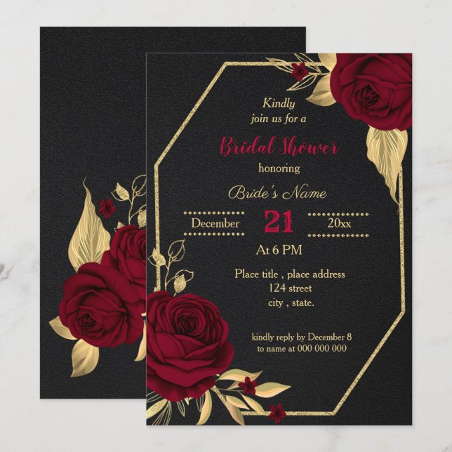 burgundy gold floral black bridal shower  invitation (Front/Back)