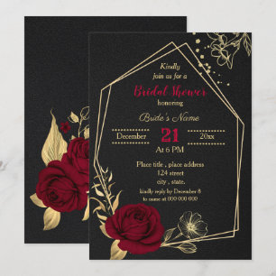 burgundy gold floral black bridal shower invitation