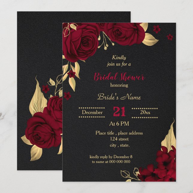 burgundy gold floral black bridal shower invitation (Front/Back)