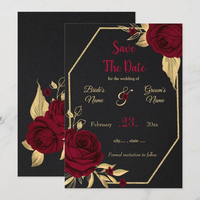 burgundy & gold floral black geometric save the da date (Front/Back)