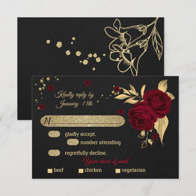 burgundy gold floral black meal choice RSVP card (Front/Back)
