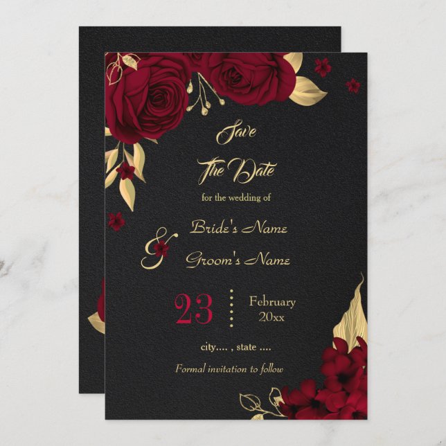 burgundy & gold floral black save the date (Front/Back)