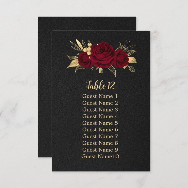 burgundy gold floral black seating chart card (Front/Back)