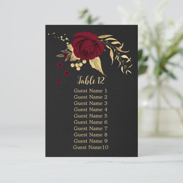 burgundy gold floral black seating chart card (Standing Front)