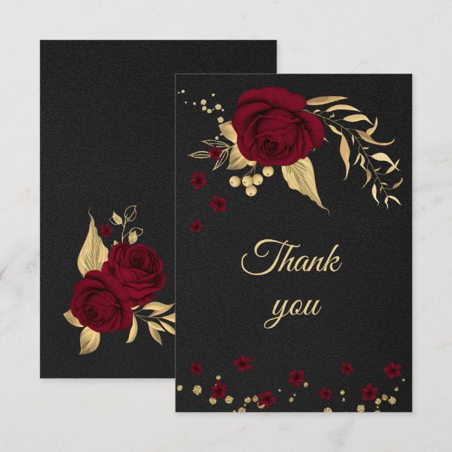 burgundy gold floral black thank you card (Front/Back)