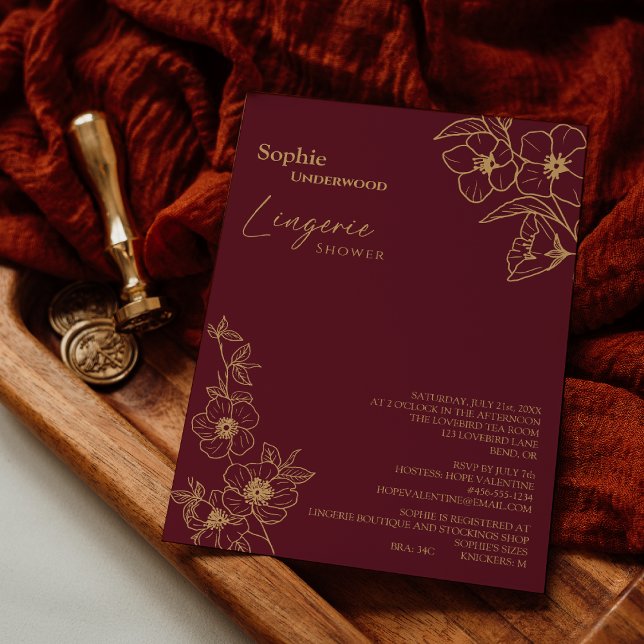 Burgundy Gold Floral Bridal Lingerie Shower Invitation (Creator Uploaded)