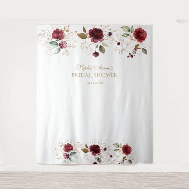 Burgundy Gold Floral Bridal Shower Photo Booth Tapestry (Front)