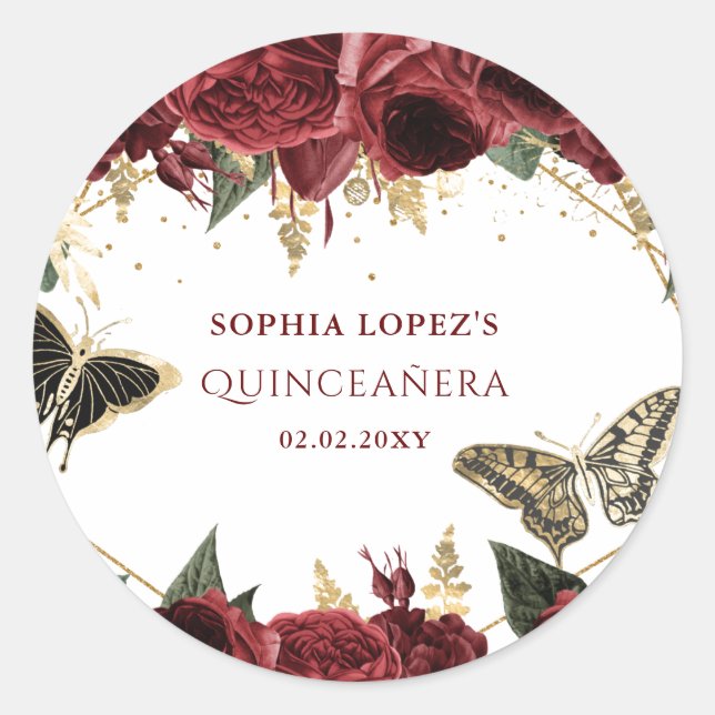 Burgundy Gold Floral Butterflies Quinceanera   Classic Round Sticker (Front)