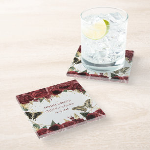Burgundy Gold Floral Butterflies Quinceanera   Glass Coaster