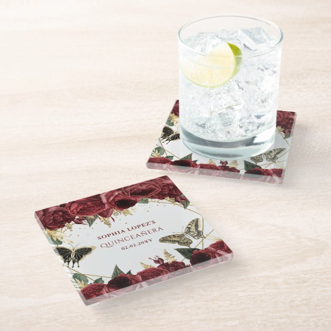 Burgundy Gold Floral Butterflies Quinceanera   Glass Coaster (Angled)