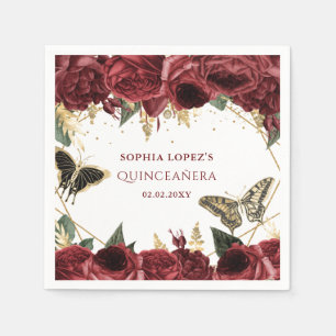 Burgundy Gold Floral Butterflies Quinceanera Napkin