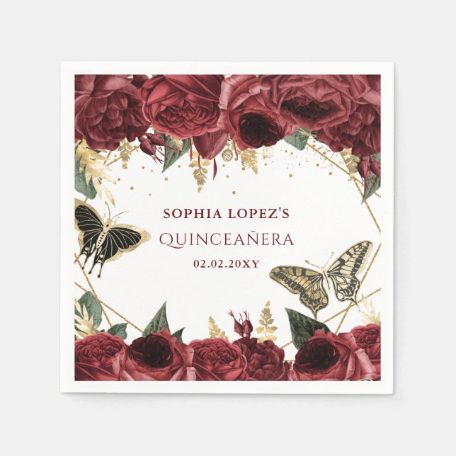Burgundy Gold Floral Butterflies Quinceanera  Napkin (Front)