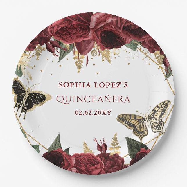 Burgundy Gold Floral Butterflies Quinceanera  Paper Plate (Front)