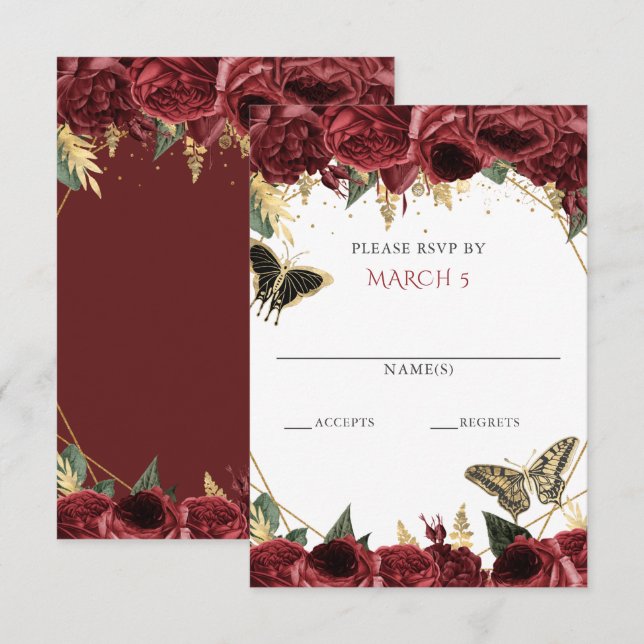 Burgundy Gold Floral Butterflies Quinceanera  RSVP Card (Front/Back)