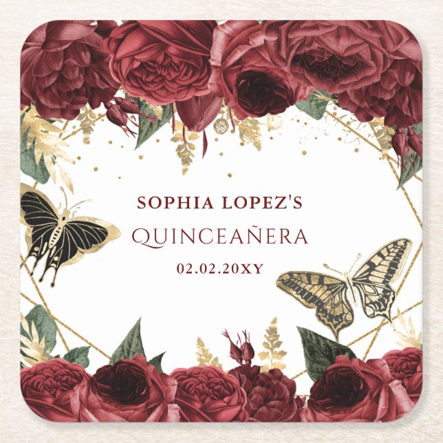 Burgundy Gold Floral Butterflies Quinceanera   Square Paper Coaster (Front)