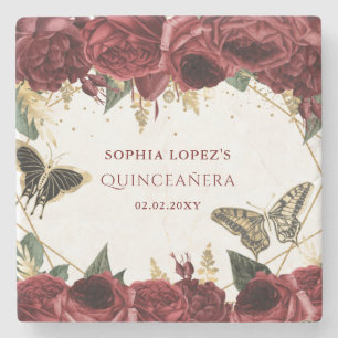 Burgundy Gold Floral Butterflies Quinceanera    Stone Coaster