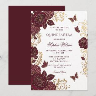 Burgundy Gold Floral Butterfly Quinceañera Invitation